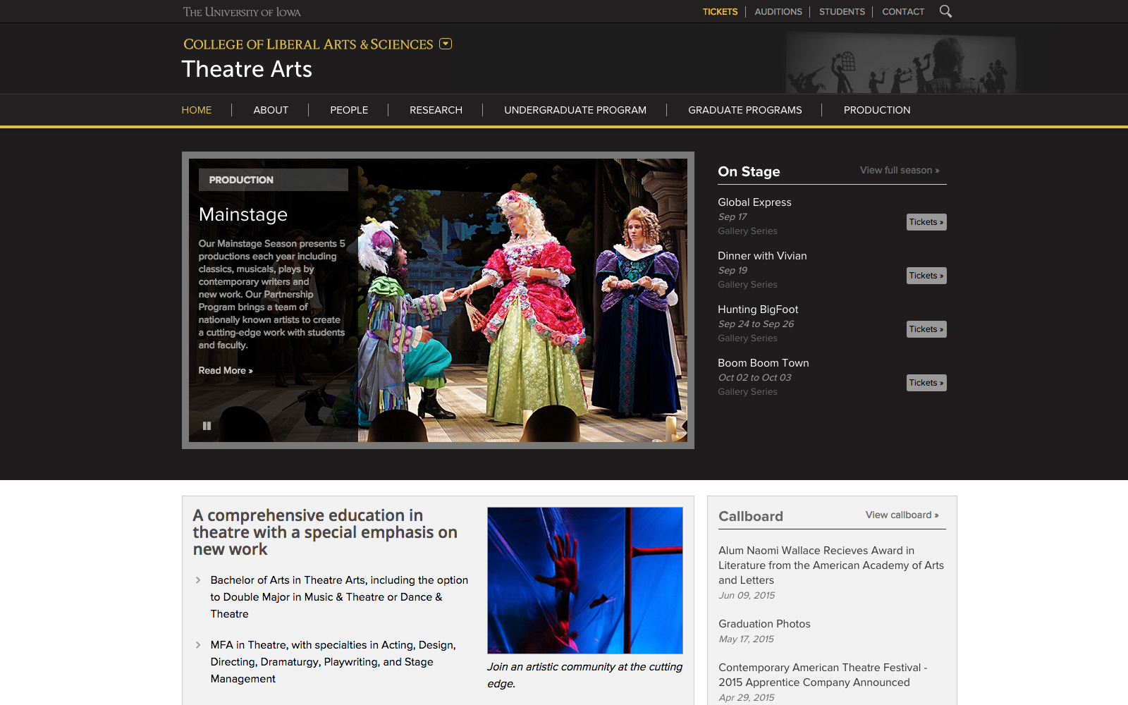 Image of the University of Iowa's Theatre Arts website